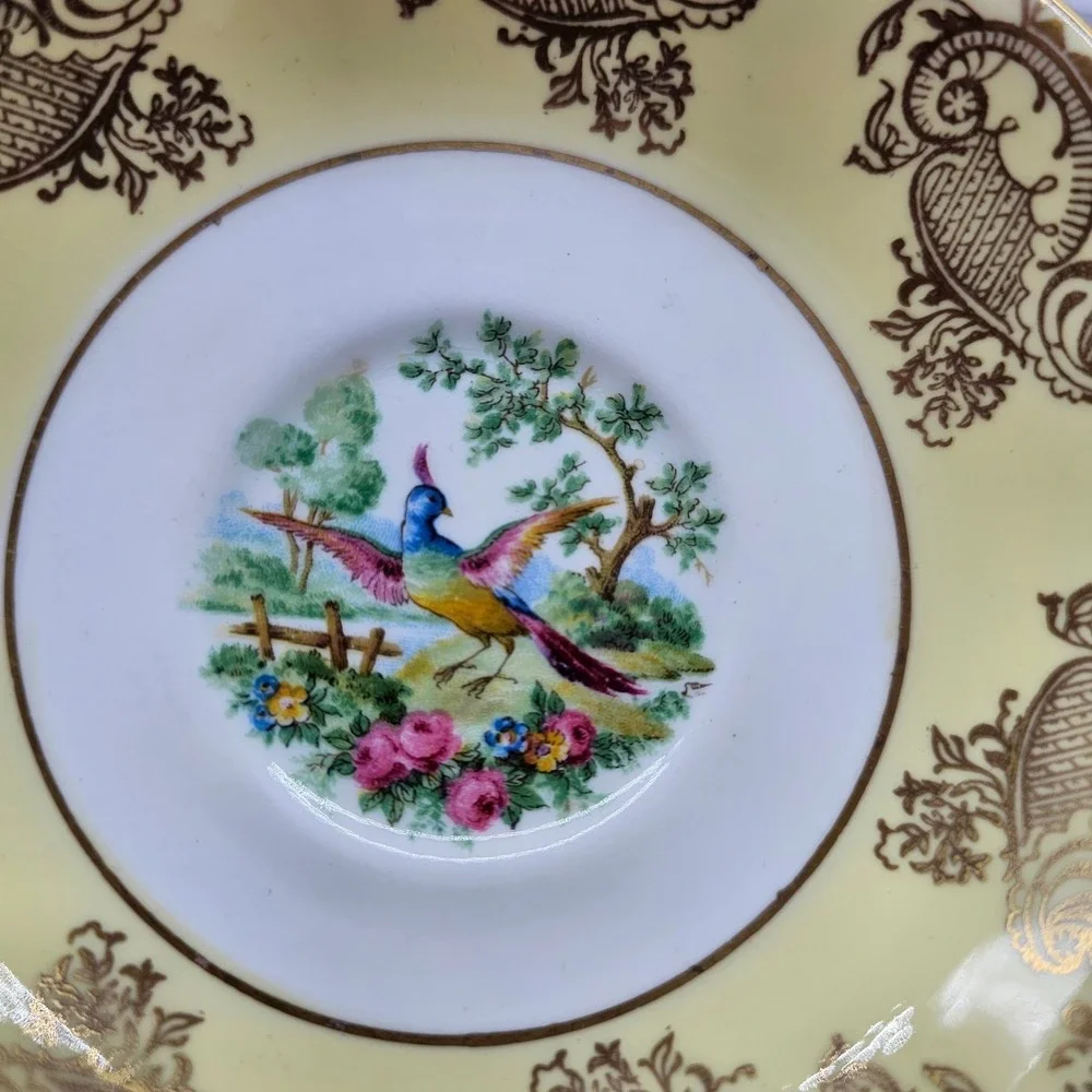 Vintage Foley Bone China Saucer Yellow Gold Filigree Bird of Paradise England
